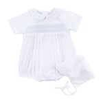 Petit Ami White & Blue Smocked NB Romper/Hat