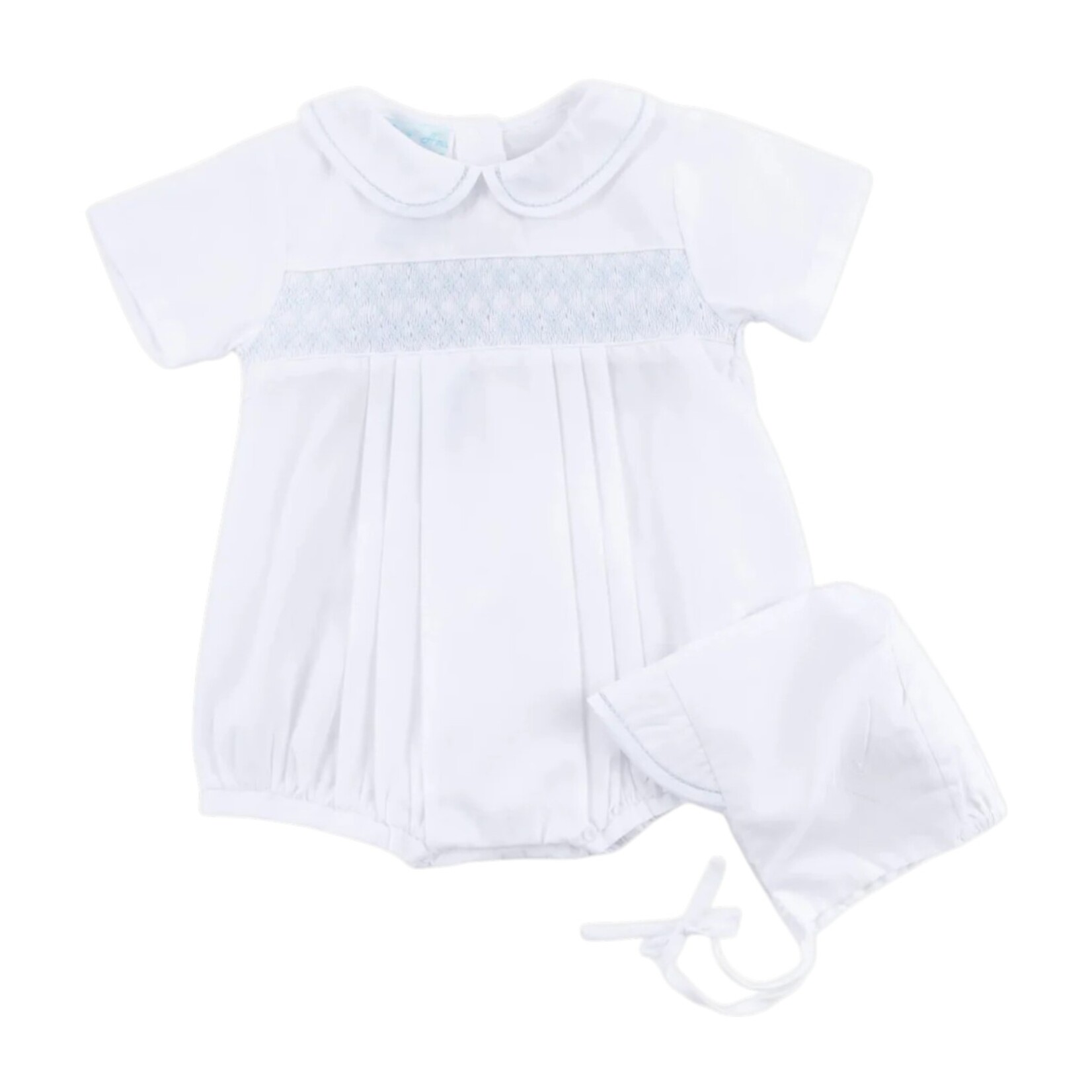 Petit Ami White & Blue Smocked NB Romper/Hat #