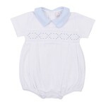 Mio Cotton Hand Smocked White/Blue Joy Bubble