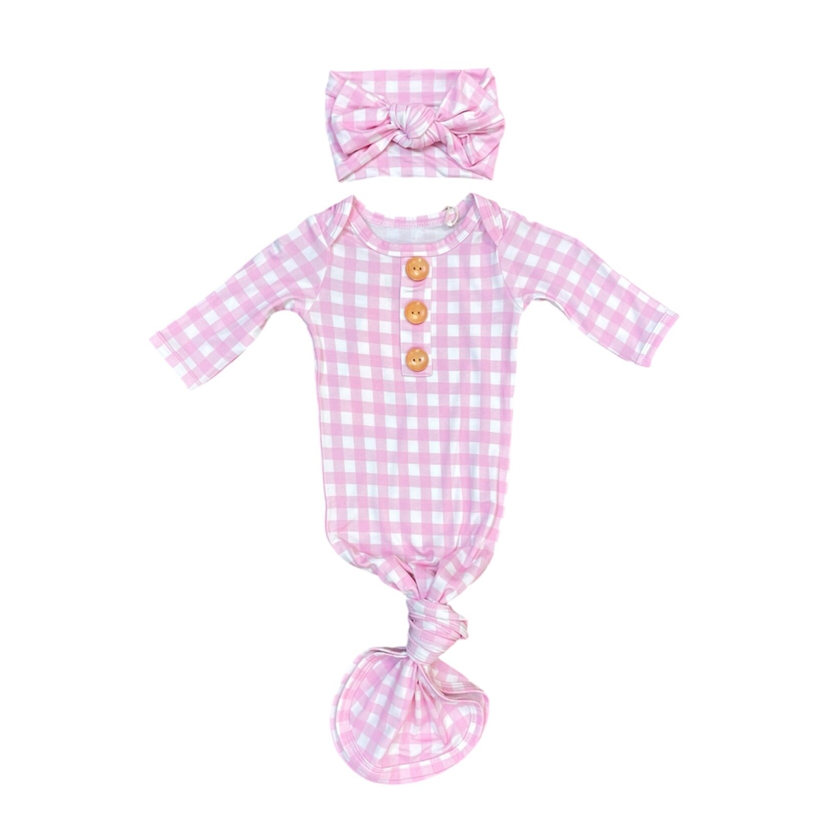Twinkling Star Pink Gingham NB Knotted Bamboo Gown Set