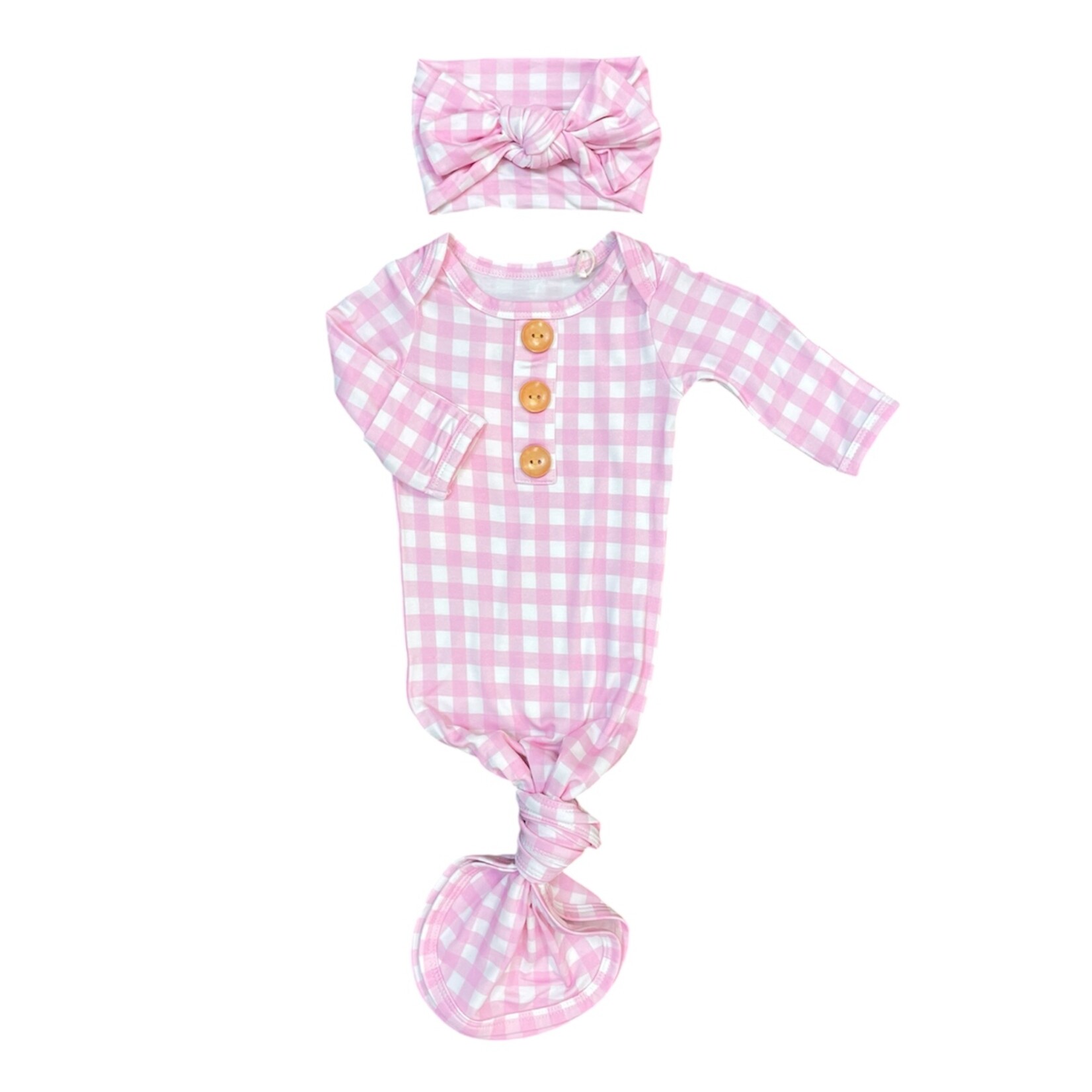 Twinkling Star Pink Gingham NB Knotted Bamboo Gown Set