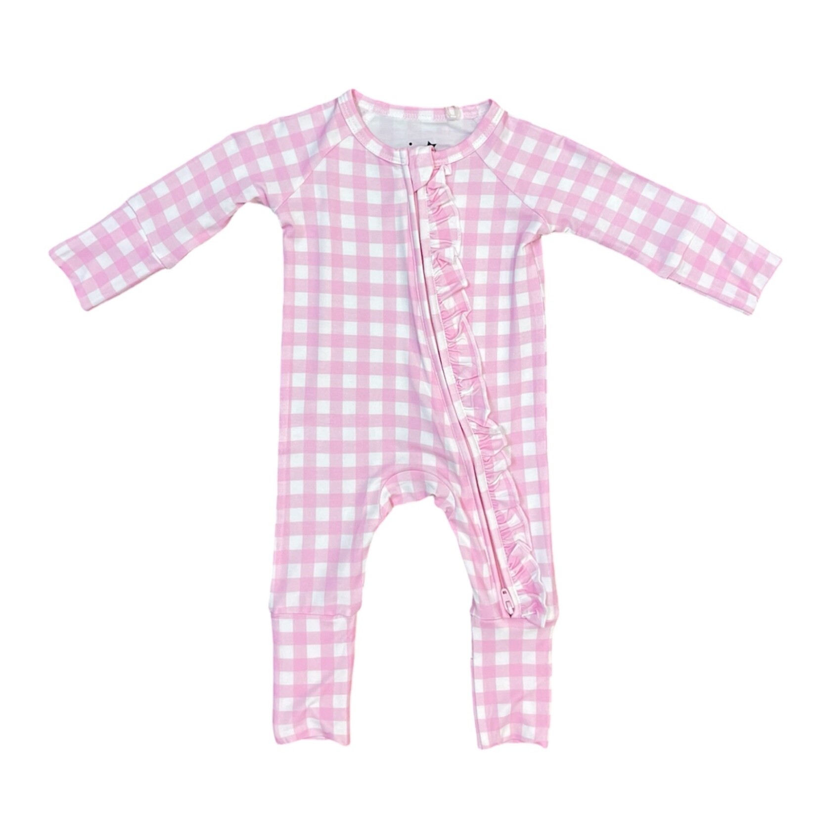 Twinkling Star Pink Gingham Ruffle Bamboo Zippy Romper