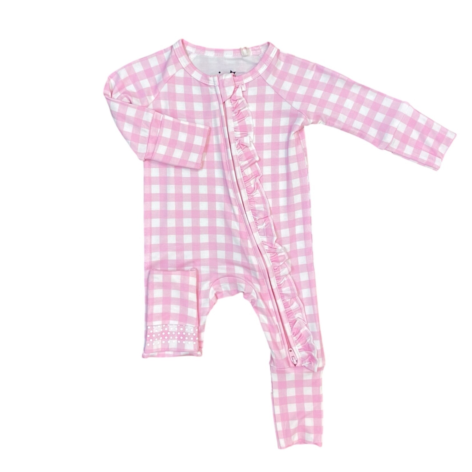Twinkling Star Pink Gingham Ruffle Bamboo Zippy Romper