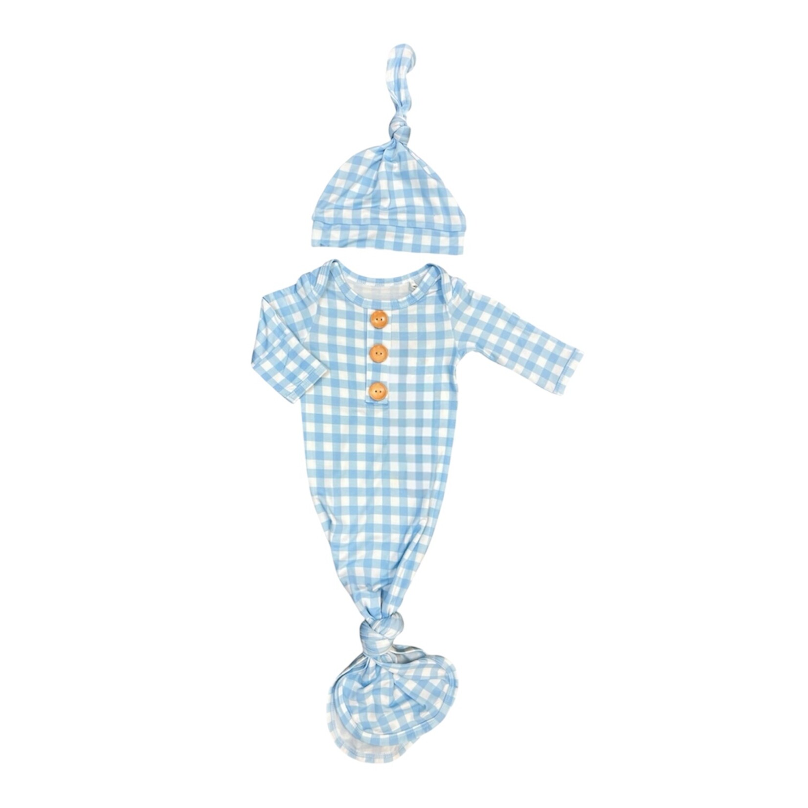 Twinkling Star Blue Gingham NB Knotted Bamboo Gown Set