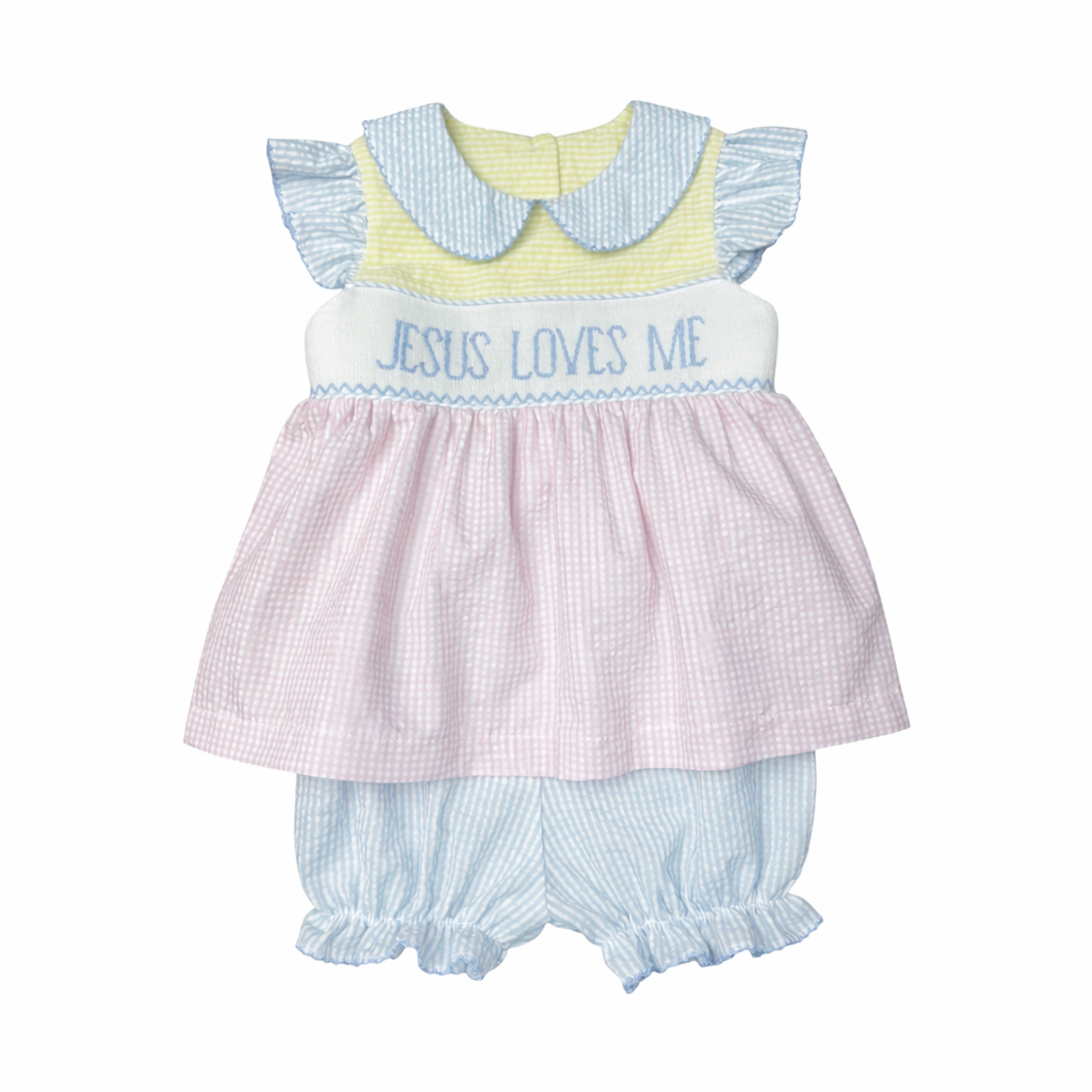 Banana Split Jesus Loves Me Smocked Bloomer Set