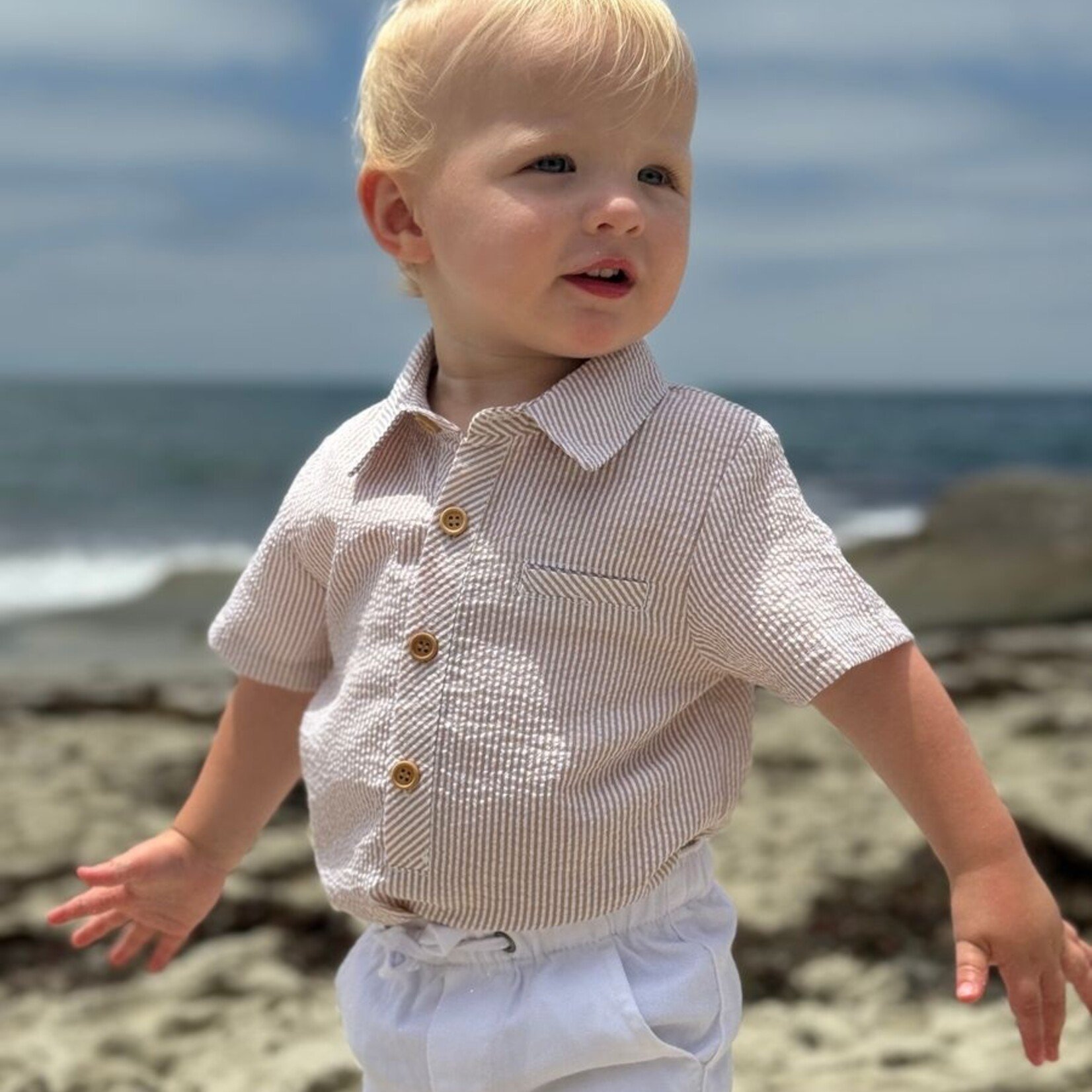 Me & Henry Cream Seersucker Woven Helford Onesie