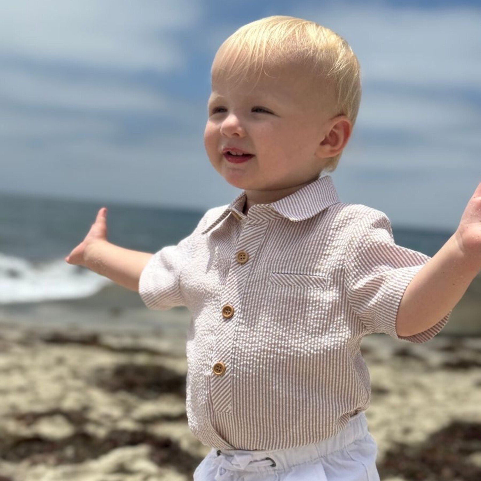 Me & Henry Cream Seersucker Woven Helford Onesie