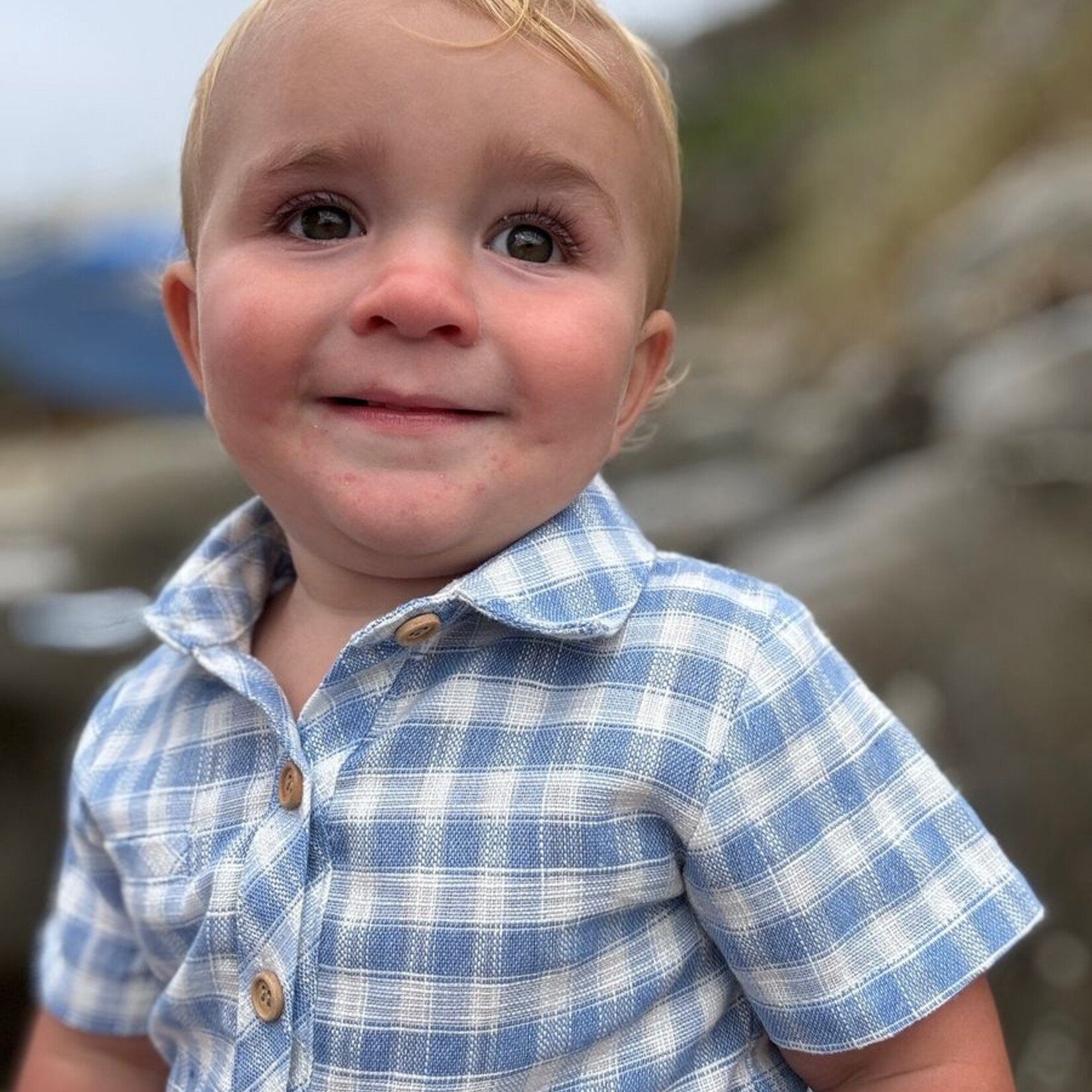 Me & Henry Blue & White Plaid Woven Helford Onesie