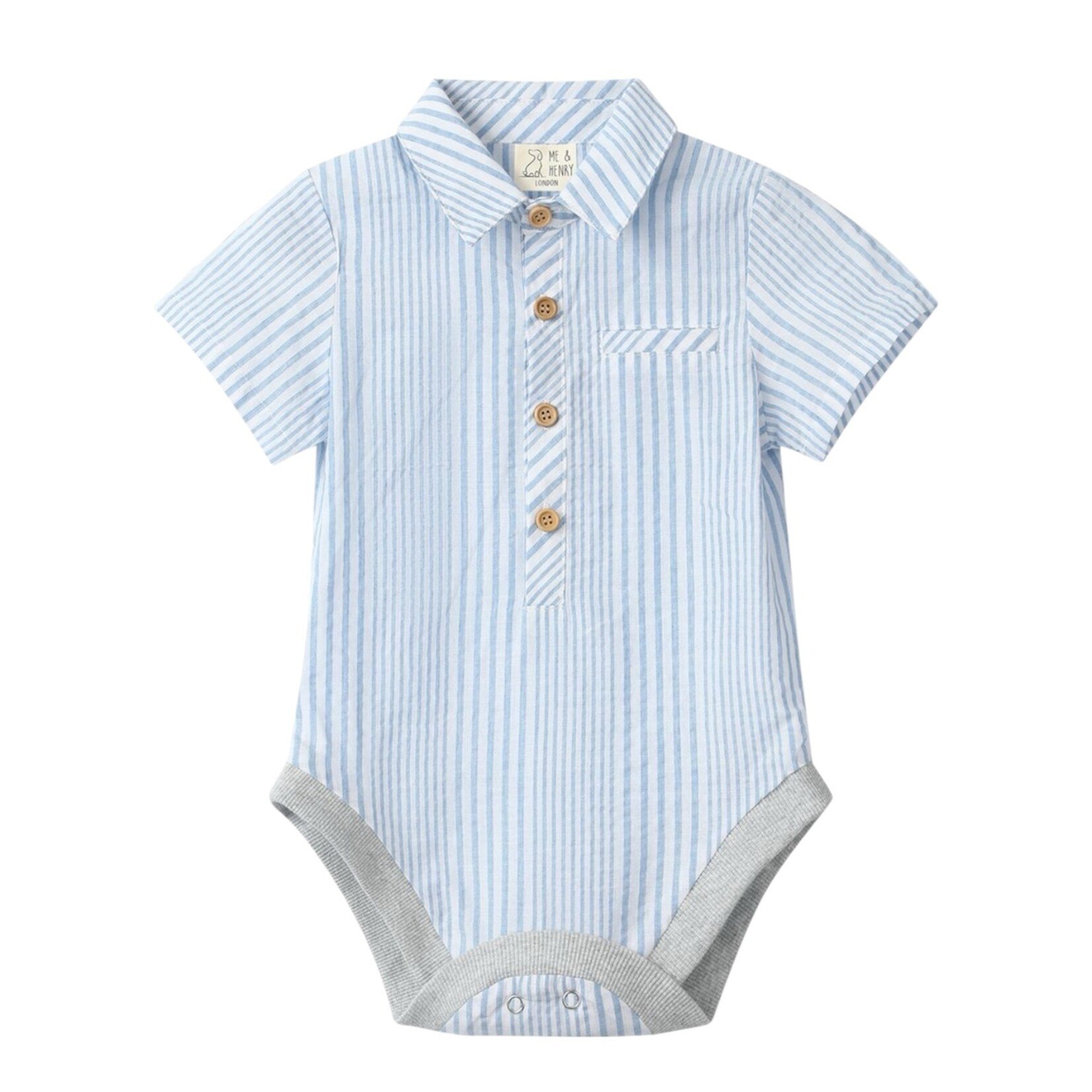 Me & Henry Pale Blue & White Stripe Woven Helford Onesie