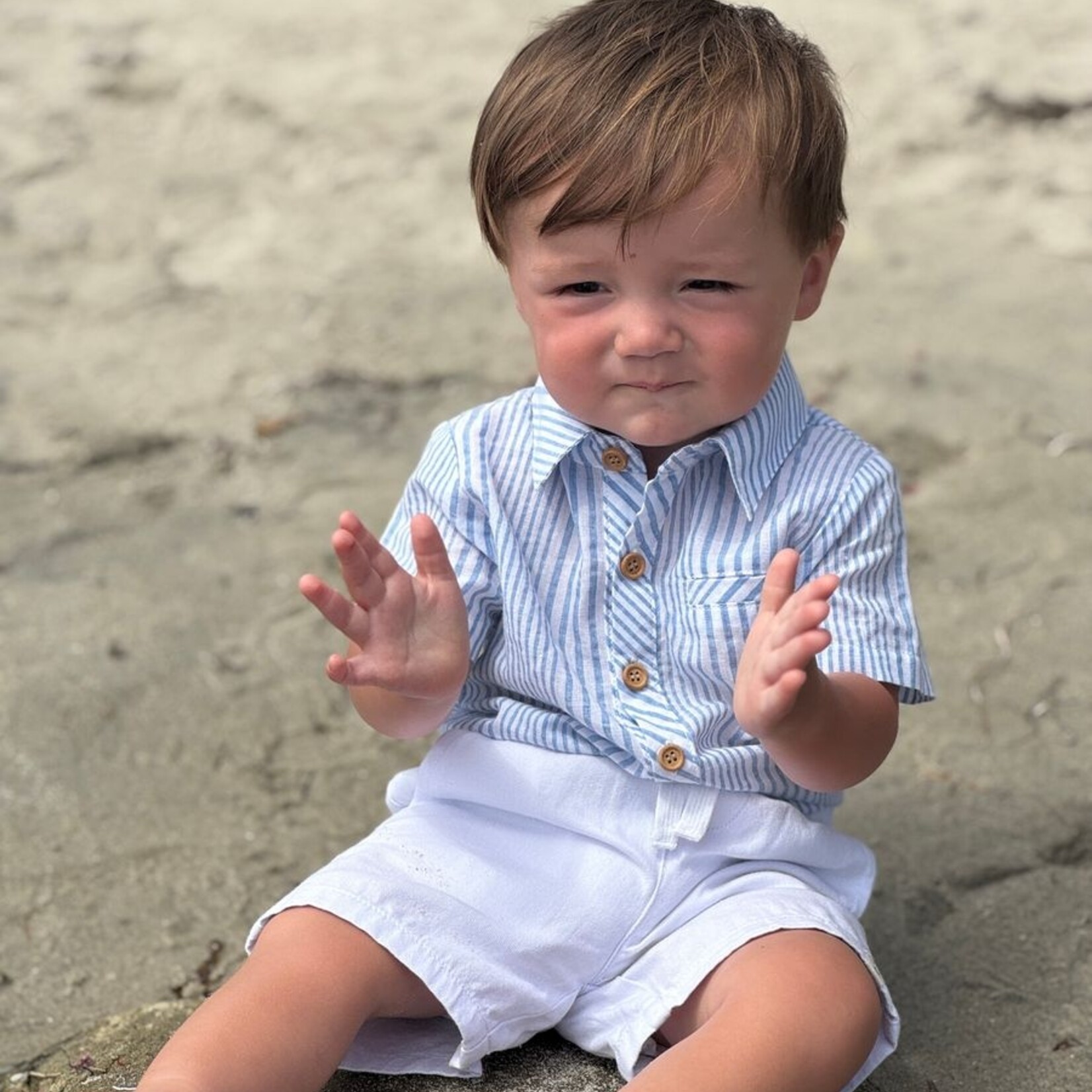 Me & Henry Pale Blue & White Stripe Woven Helford Onesie