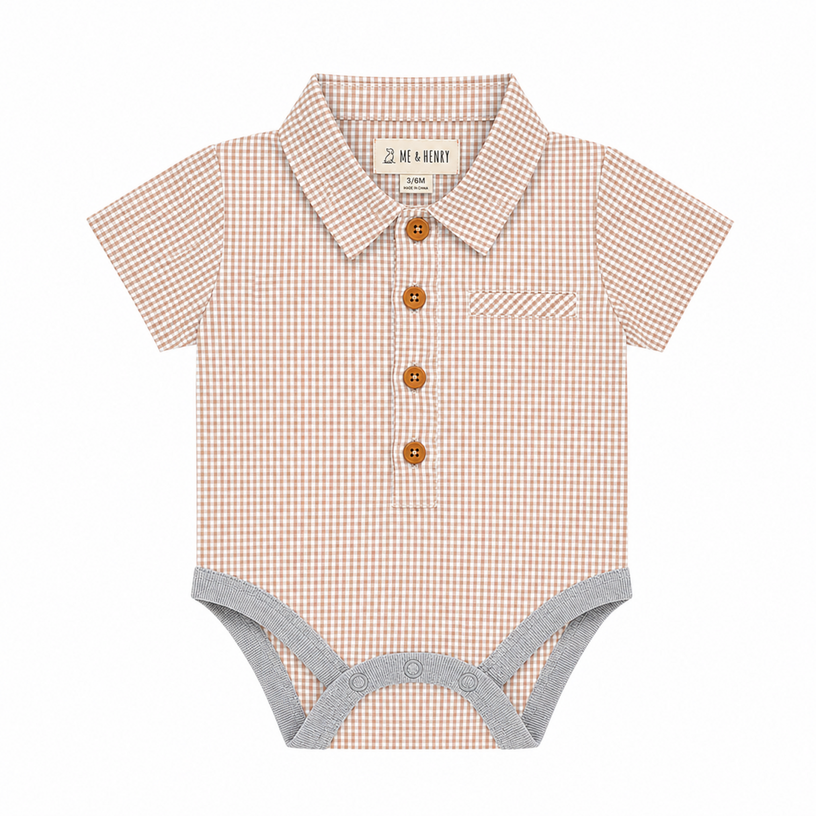 Me & Henry Beige Micro Plaid Helford Onesie
