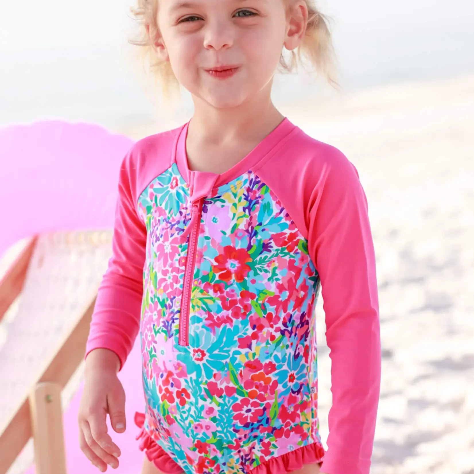Caden Lane Petal Splash Front Zip Rash Guard Swim