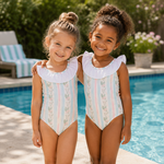 Hamner Hill Girls Blue Floral Flutter Bow Swim