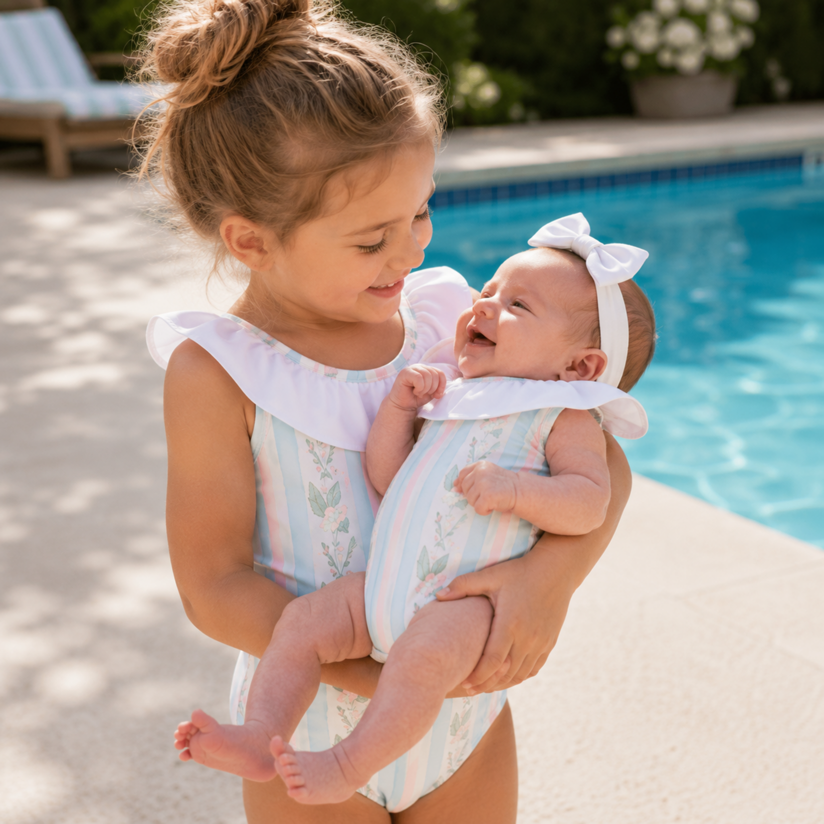 Hamner Hill Girls Blue Floral Flutter Bow Swim