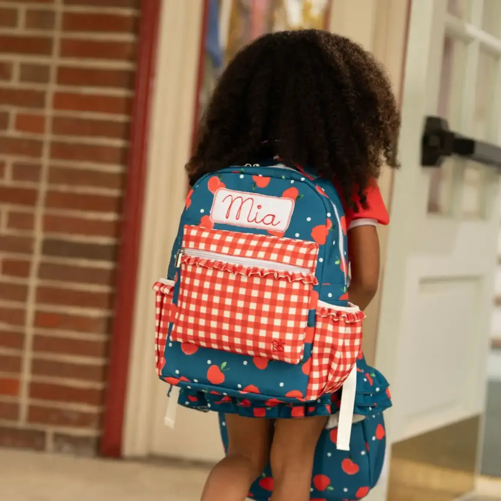 Apples on Navy Ruffle Backpack