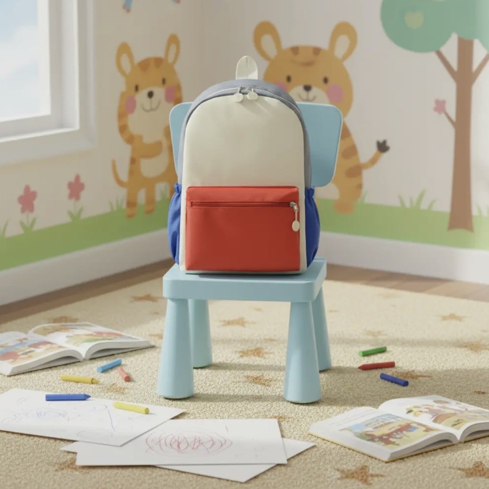 Red Color Block Nylon Backpack