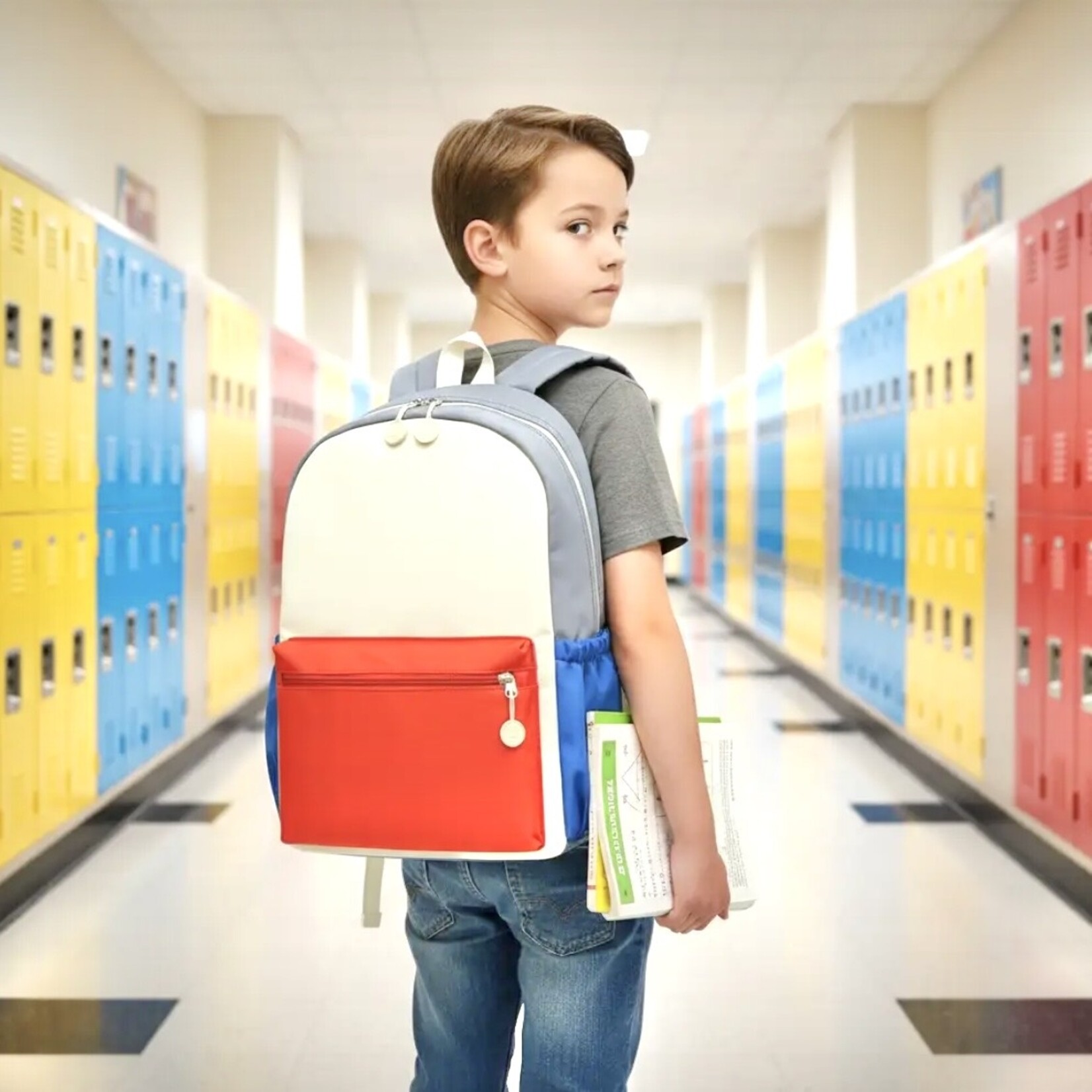 Red Color Block Nylon Backpack