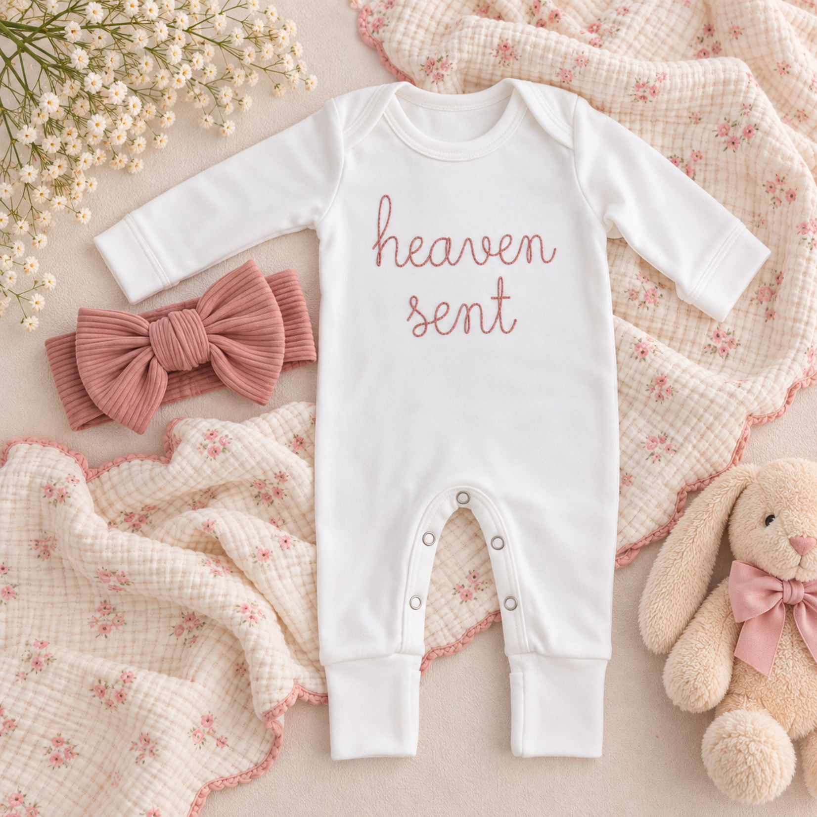 Wonderfully Made Pink Heaven Sent Newborn Romper & Bow