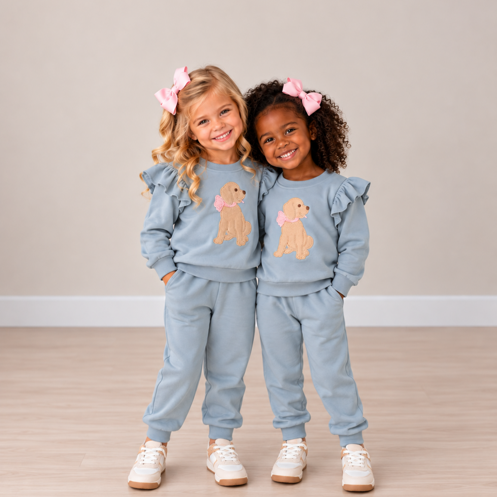 Banana Split Bow Puppy Applique Jogger Set