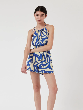 AMT Studio Leaves Printed Shorts . Blue / Ecru
