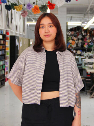 Eve Gravel Loonie shirt . Natural black stripes