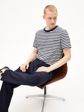 Armedangels Maarkos pocket striped t-shirt . Night sky and broken white