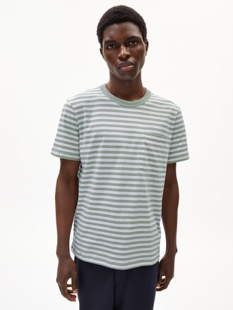 Armedangels Maarkos pocket striped t-shirt . Seagreen and broken white