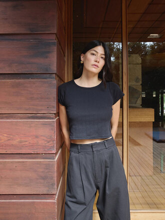 First Rite Crop Pointelle Tee . Black