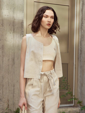 Eve Gravel Rosalie Striped Button-Front Top . Beige/White