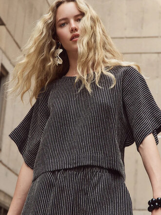 Eve Gravel Steven Striped Top with Wide Sleeves . Black