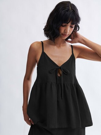 Camille Linen Top with Bow . Black
