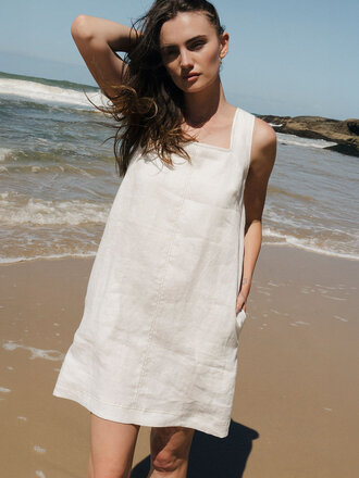 Modern Sunday Linen Contrast Stitch Dress . Cloud