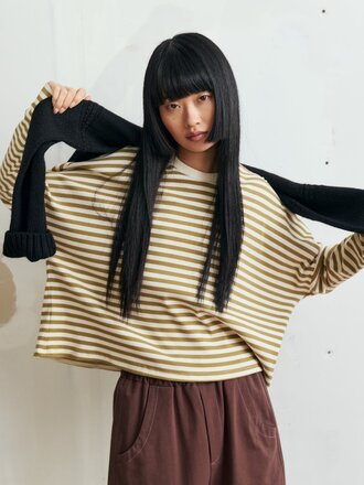 Eve Gravel Mitch Striped top . Olive and Cream