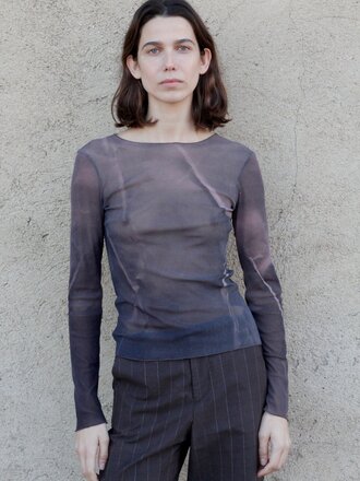 Black to grey Eclipse sheer long-sleeve top . Grey brown print