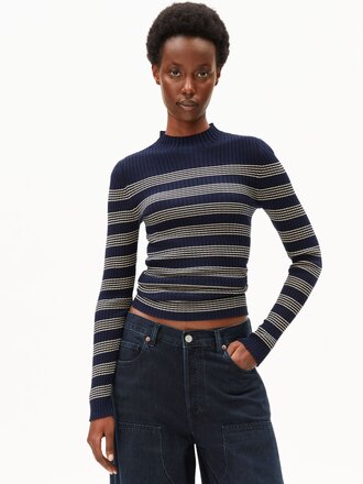 Armedangels Alaania organic cotton mock neck . Navy and beige stripes