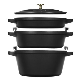 Staub Staub - Stackable set (frying pan + sauté pan + casserole + lid) enamelled cast iron, black