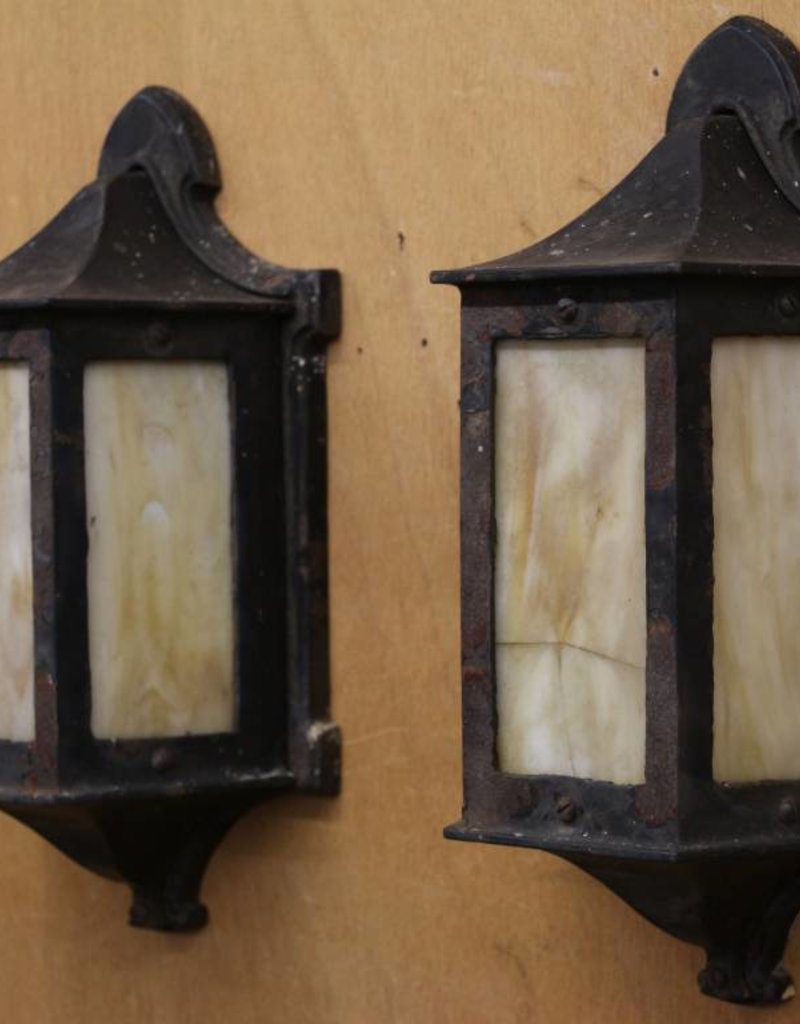 Pair Of Vintage Flush Mount Outdoor Lantern Style Wall Sconces Black Iron Pair Of Vintage Flush Mount Outdoor Lantern Style Wall Sconces Black Iron