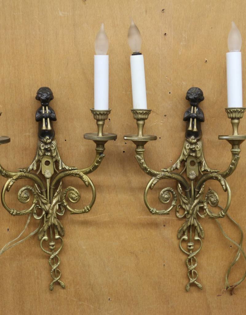 brass wall candle holders on Pair Of Stunning Italian Brass Wall Sconces With Cherubs Playing Double Flutes C C Mercantile