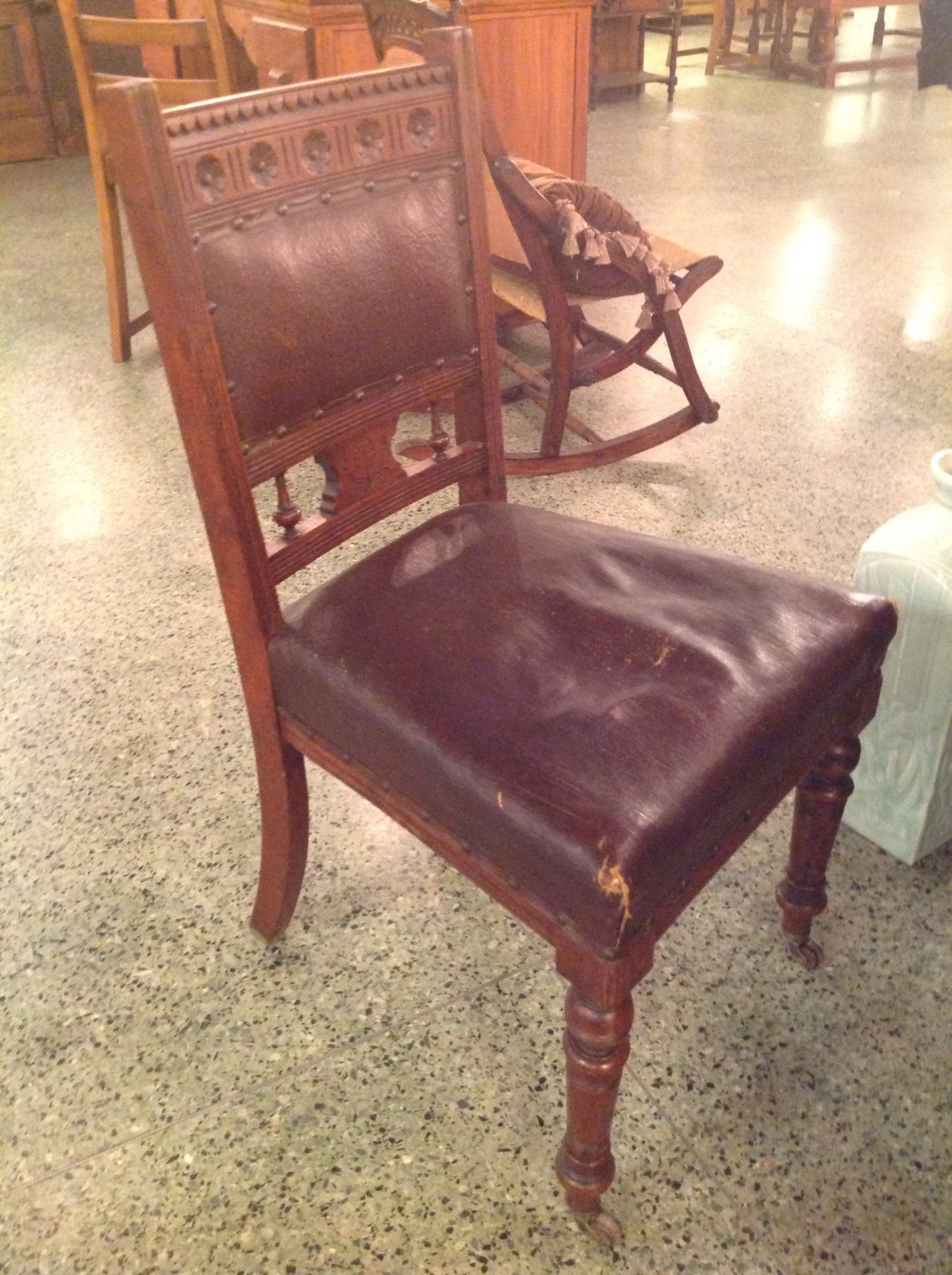 Chair, wooden, rosette design, leather seat and back ...