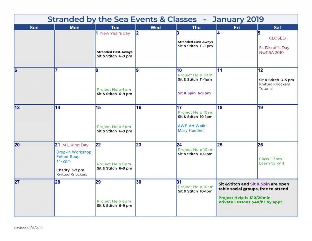 Calendar of Events – Jan 2019