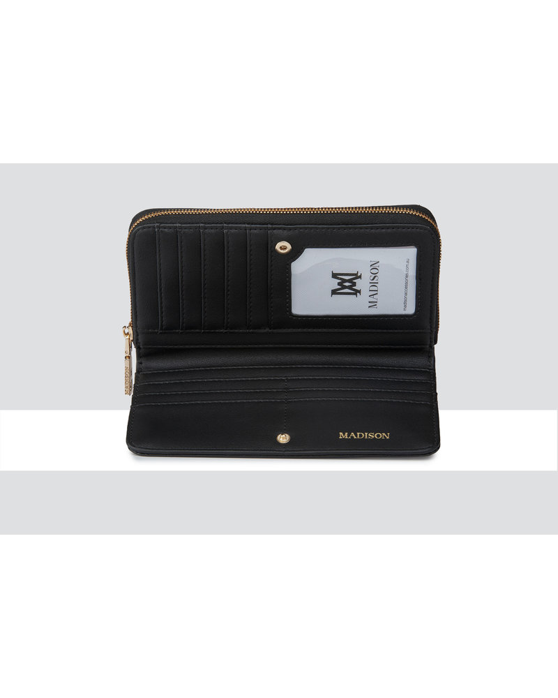 MADISON Mila Zip Around Gusseted Wallet With Front Tab - Black Croc-Emboss