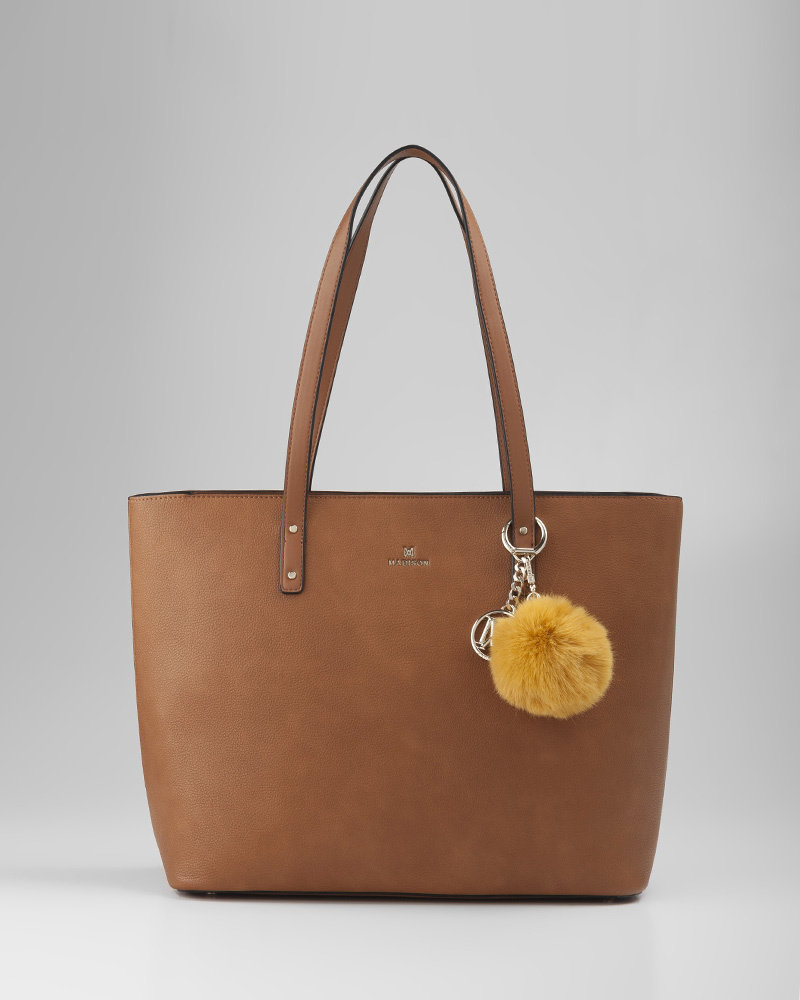 MADISON Evelyn Unlined Shopper Tote + Pom Pom - Lt Tan/Yellow