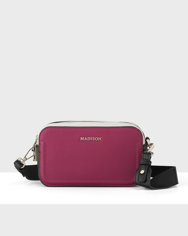 MADISON Maddie Crossbody Bag - Fuchsia/White/Black + Black Webbing Strap