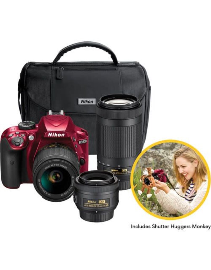 Nikon D3400 Triple Lens Kit [Red]
