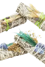 White Sage Floral Smudge Stick & Crystal Stone 4" - Sodalite