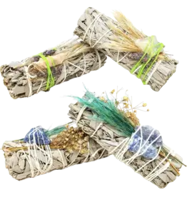 White Sage Floral Smudge Stick & Crystal Stone 4" - Sodalite