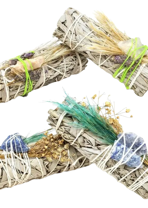 White Sage Floral Smudge Stick & Crystal Stone 4" - Sodalite