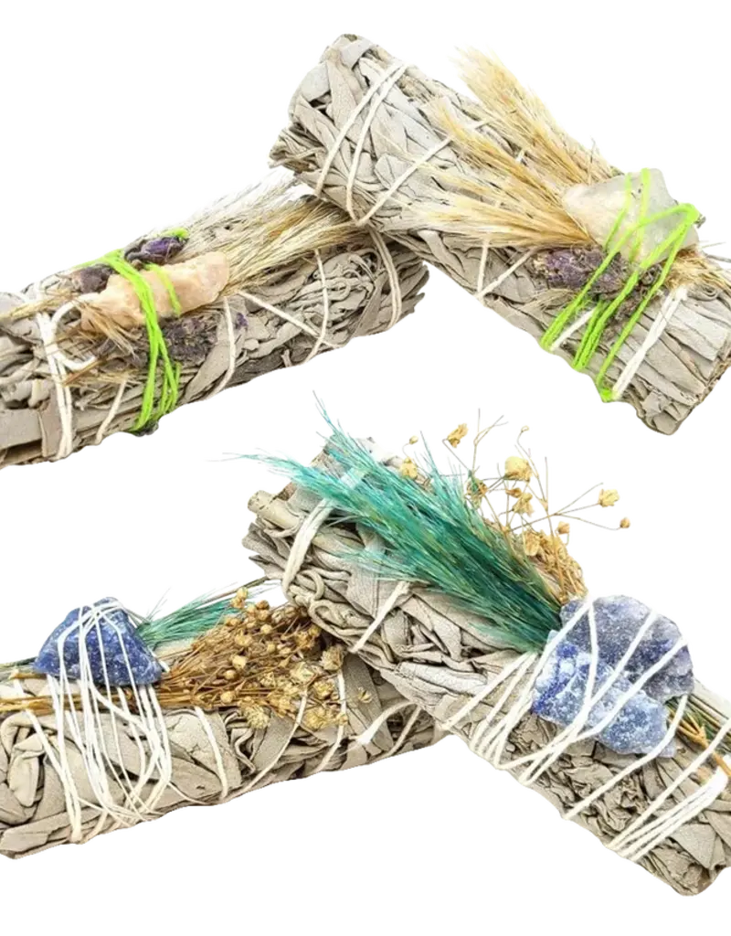 White Sage Floral Smudge Stick & Crystal Stone 4" - Sodalite