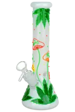 420 Hemp Leaf & Shroom Glow In The Dark Glass Water Pipe 9.5"