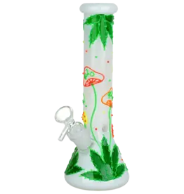 420 Hemp Leaf & Shroom Glow In The Dark Glass Water Pipe 9.5"